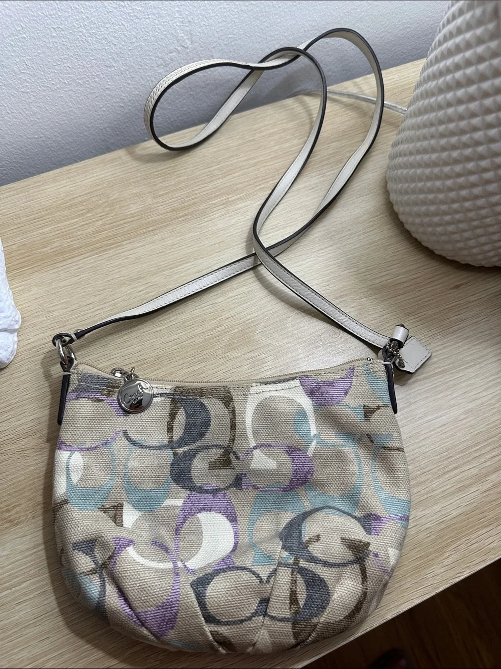Coach Neutral Canvas Crossbody with Purple and Blue Accents